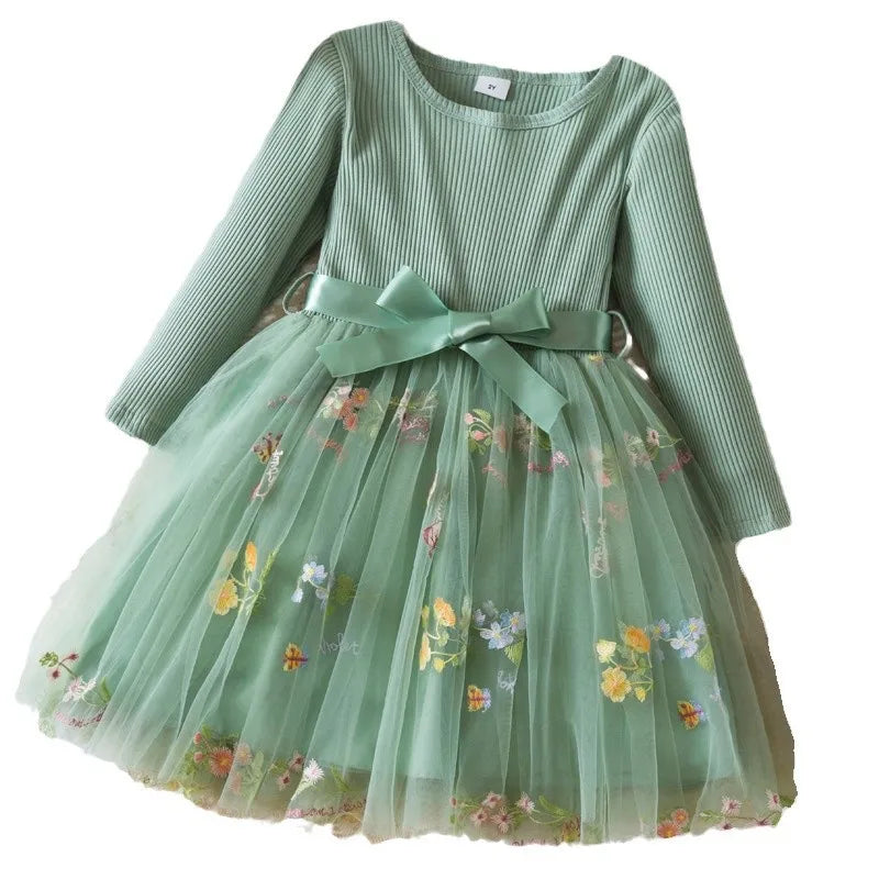 2024 Autumn Spring New Girls' Dress Korean Style Flower Embroidery Mesh Princess Dress Girls Performance Dress