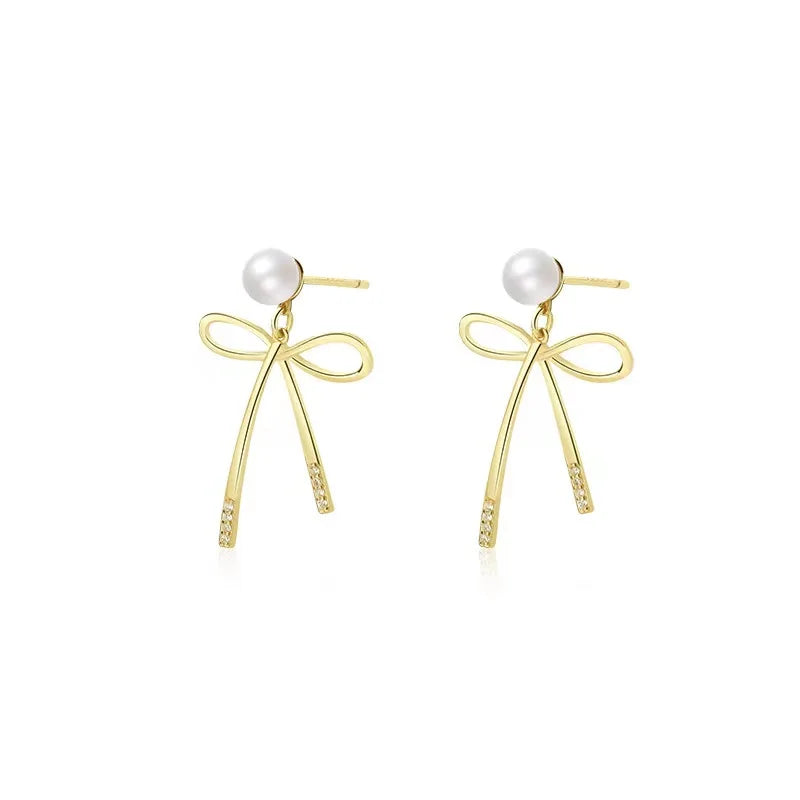 Hot Selling 925 Sterling Silver Shell Pearl Bow 18k Gold Plated ZIRCON Women's Stud Earrings Gift Jewelry Wholesale