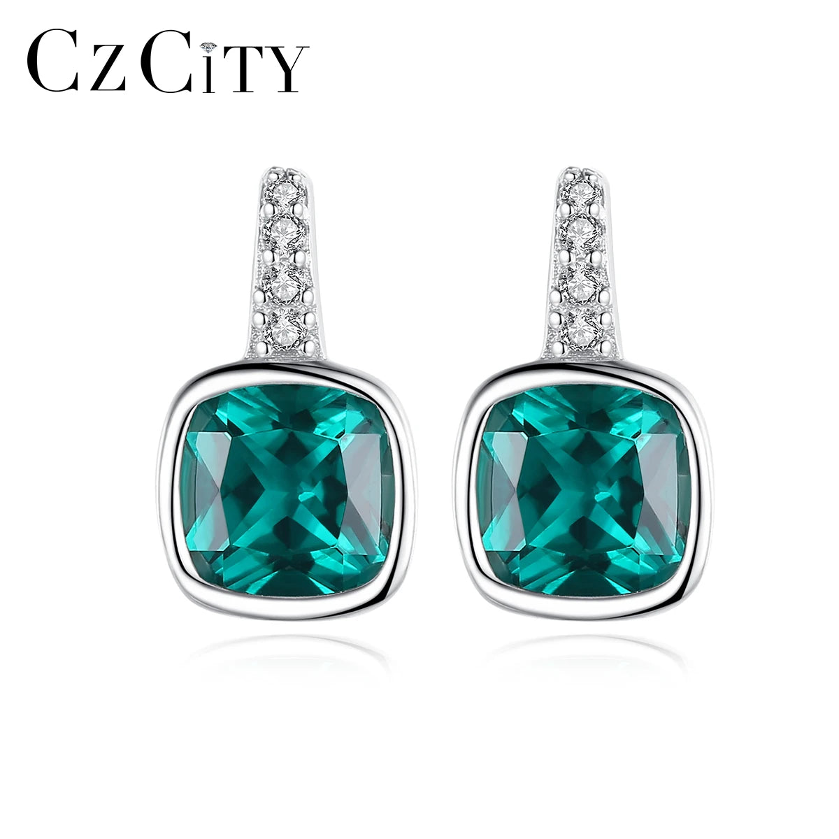 New Design Radiant Cut Green Gemstone Silver Earrings 925 Sterling Bezel Set Cubic Zircon Drop Earrings for Bridal Jewelry