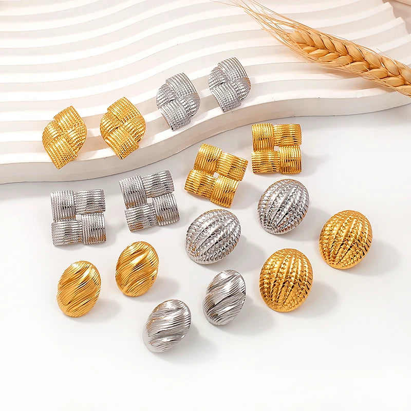 Vintage Italian 18K Gold Plated Jewellery Wholesale Stainless Steel Trendy Geometric Textured Bold Stud Earrings for Women