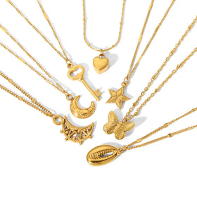 ERESI Waterproof 18K Gold Stainless Steel Necklace Sun Moon Butterfly Flower Coin Portrait Necklace Pendant Jewelry Accessories