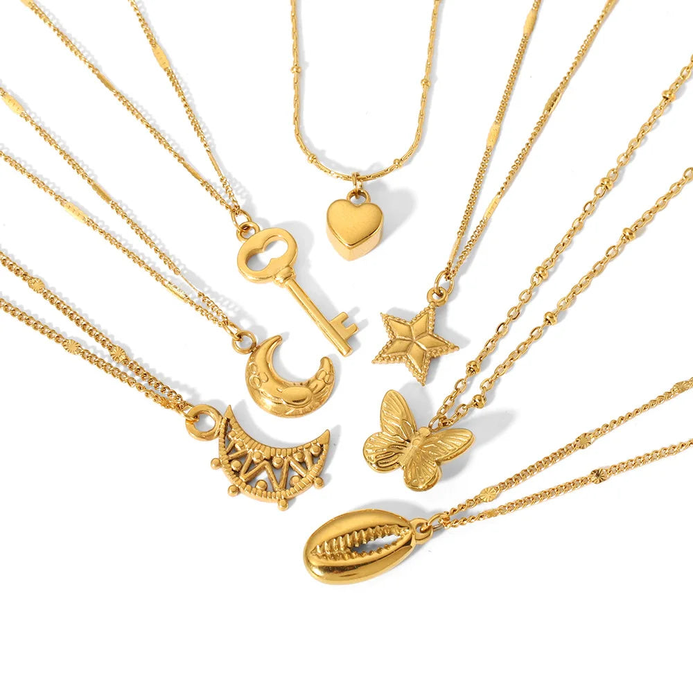 ERESI Waterproof 18K Gold Stainless Steel Necklace Sun Moon Butterfly Flower Coin Portrait Necklace Pendant Jewelry Accessories