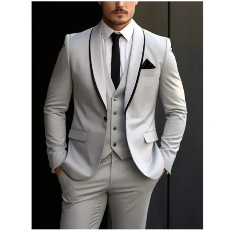 Grey Business Men Suits 3 Piece Black Lapel Trimming Groomsman Wedding Party Prom Formal Occasion Tuxedos Jacket Vest Pants