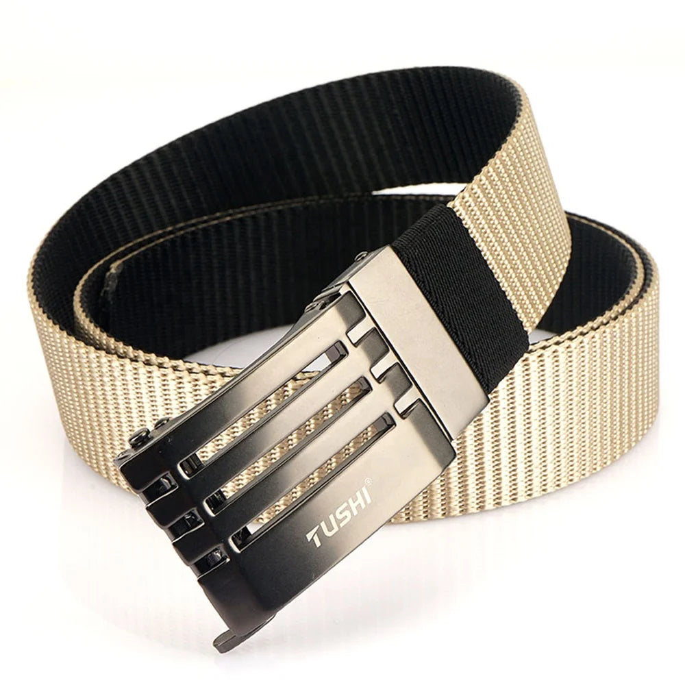 TUSHI High Quality Business Outdoor Nylon Fabric Belts Factory Cowskin Strap Male Jeans Zinc Alloy Automatic Buckle Belts