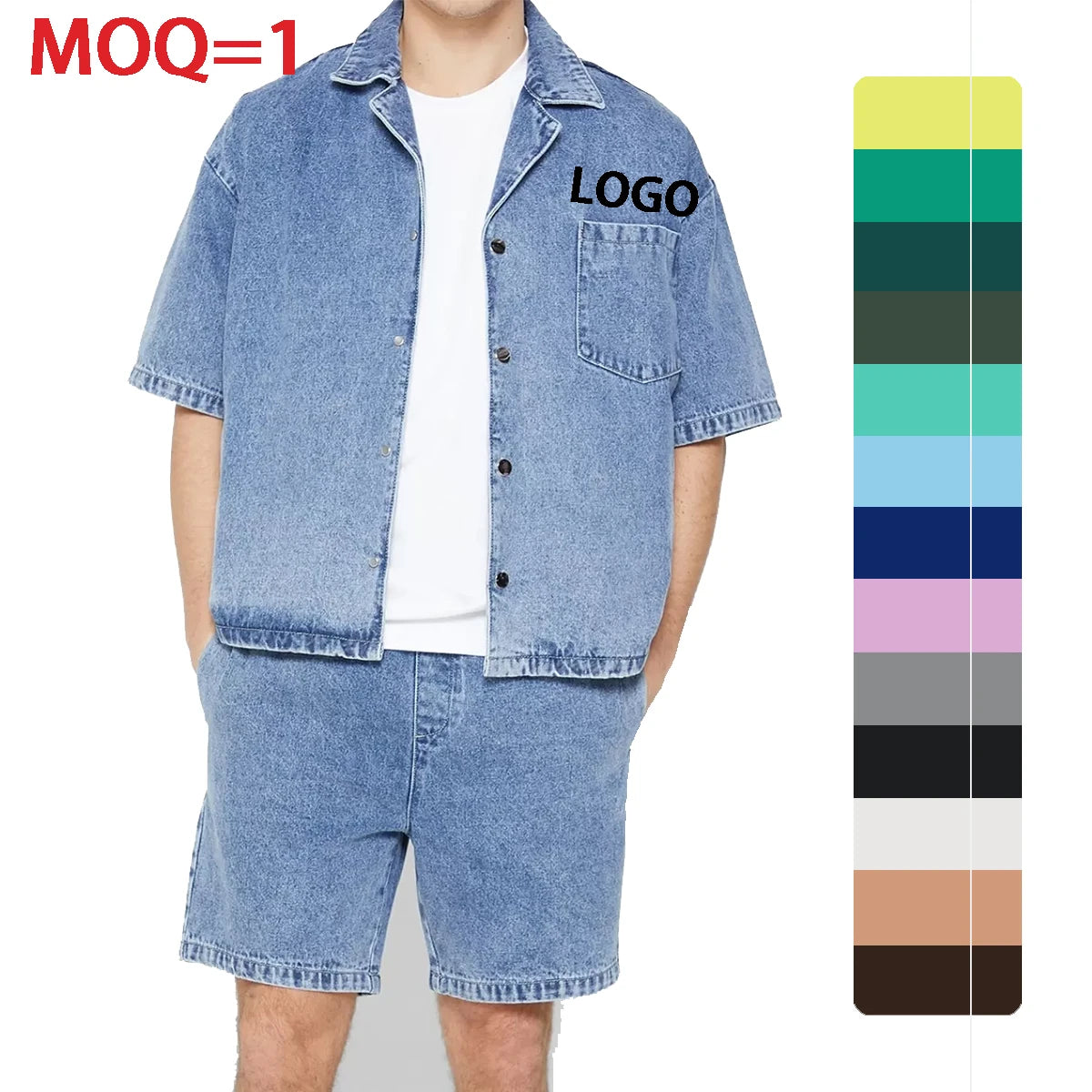Custom Drop Shoulder Chest Pocket Short Sleeve Button up Camp Collar 100% Cotton Washed Jean Denim Shirt Men's Shirts