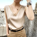 White Sleeveless V- Neck Tunic Plus Size  Vintage Office Satin Silk Blouse Basic Chiffon Tank Top for Women