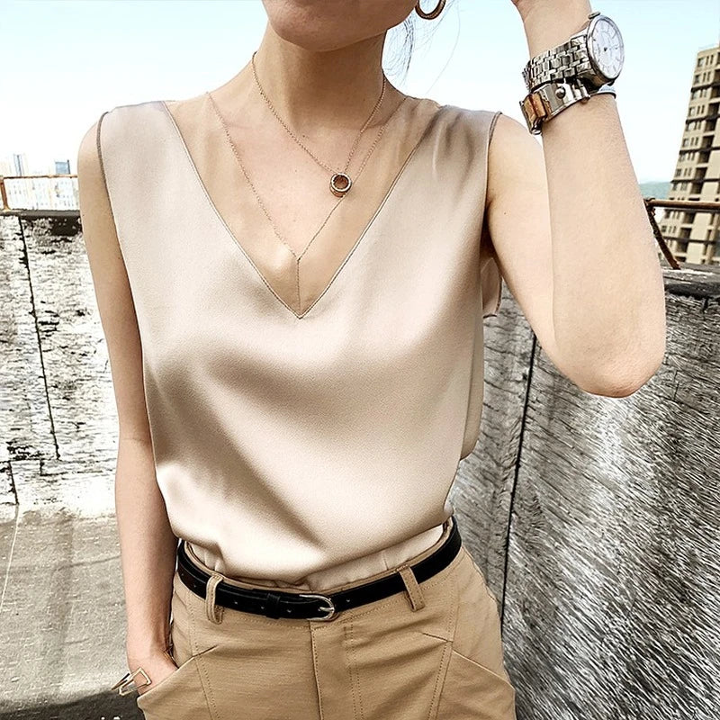 White Sleeveless V- Neck Tunic Plus Size  Vintage Office Satin Silk Blouse Basic Chiffon Tank Top for Women