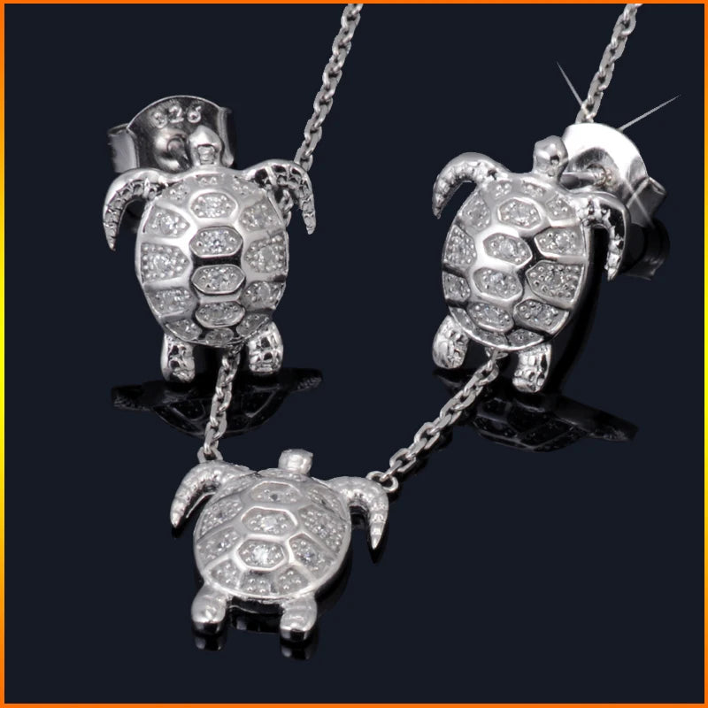 Jasen Fashion Jewelry Set 925 Sterling Silver Zircon Stone Turtle Necklace Earring Jewelry Set for Children