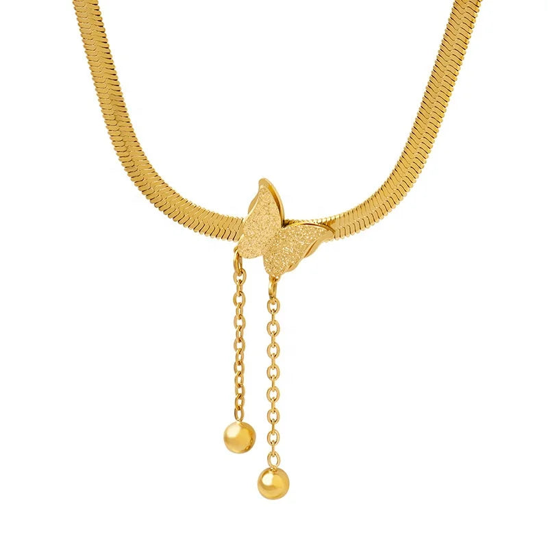 Popular Bohemian Women Summer Stainless Steel Sake Chain Butterfly Charm Pendant Necklace