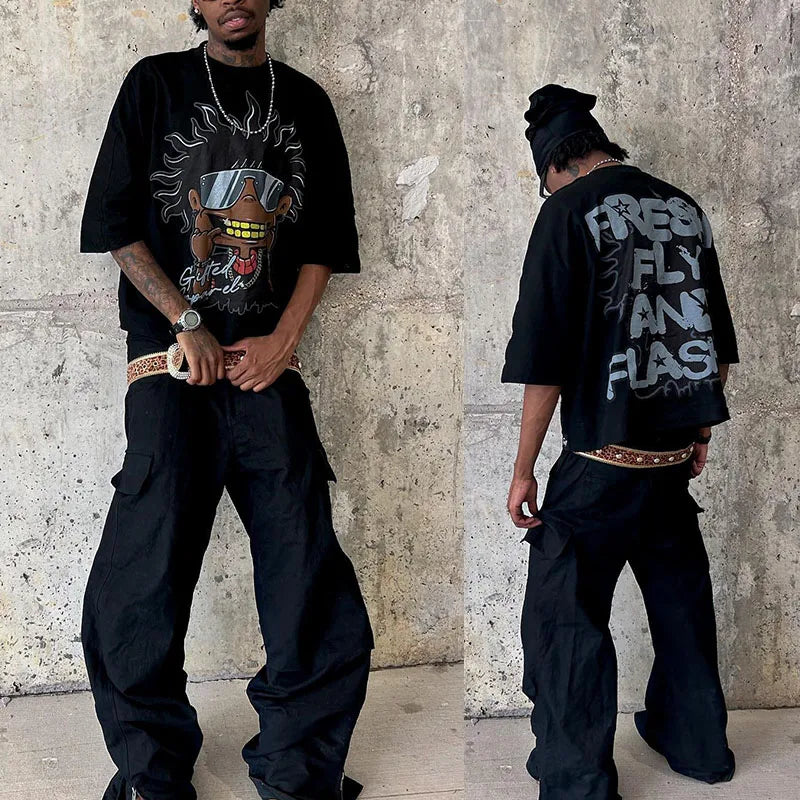 OEM Custom Screen Print Logo Boxy Cropped Half Sleeve Tee Baggy Tshirt Retro Streetwear Tshirt Oversized T-Shirt for Men