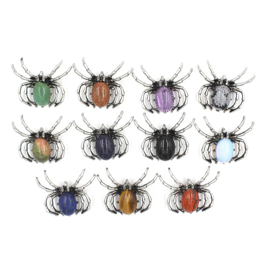 Jewelry Creativity Natural Stone tiger Eye Green Aventurine Brooch Gemstone Crystal Spider Animal Pendant Necklace
