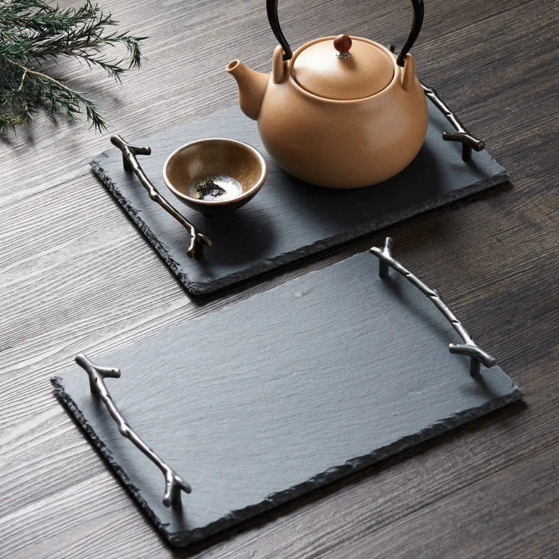 Natural Slate Multi Functional Rectangle Black Slate Stone Cheese Board Tapas Tray Tea and Coffee Serving Trays With Handles