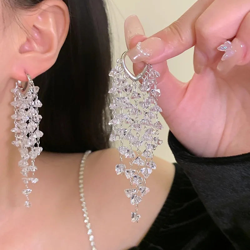 Minimalist Long Tassel Earrings Drop Hoop Earrings White Rhinestone Crystal Earrings for Women