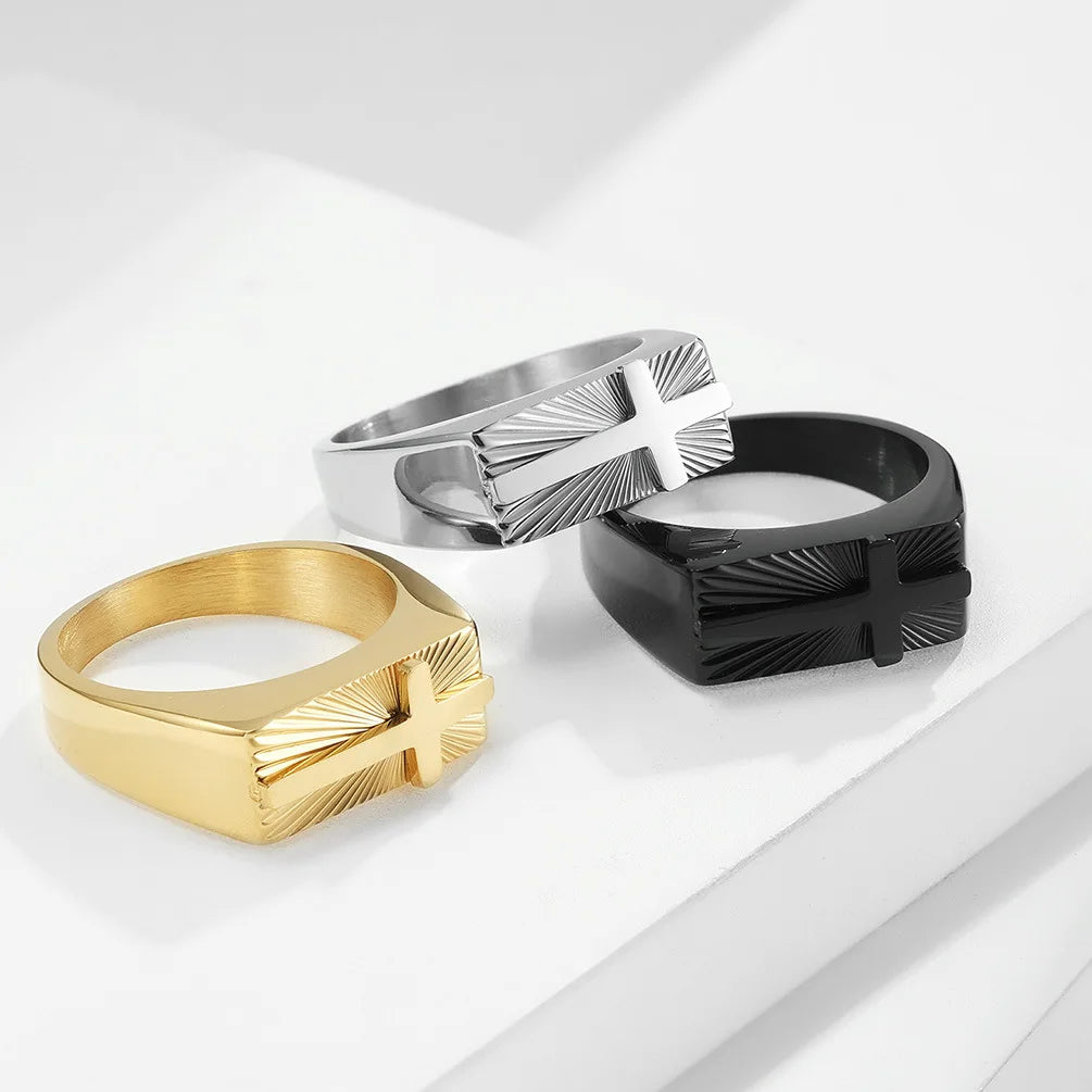 Fashion Trends Gold Plated Cross Ring Stainless Steel Vintage Hip Hop Signet Ring Men's Jewelry Wholesale