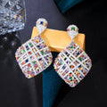 Fancy Cross Line Colorful Heavy Cubic Zirconia Stone Pave Luxury Big Rhombic Drop Dangle Engagement Earrings for Women's Jewelry