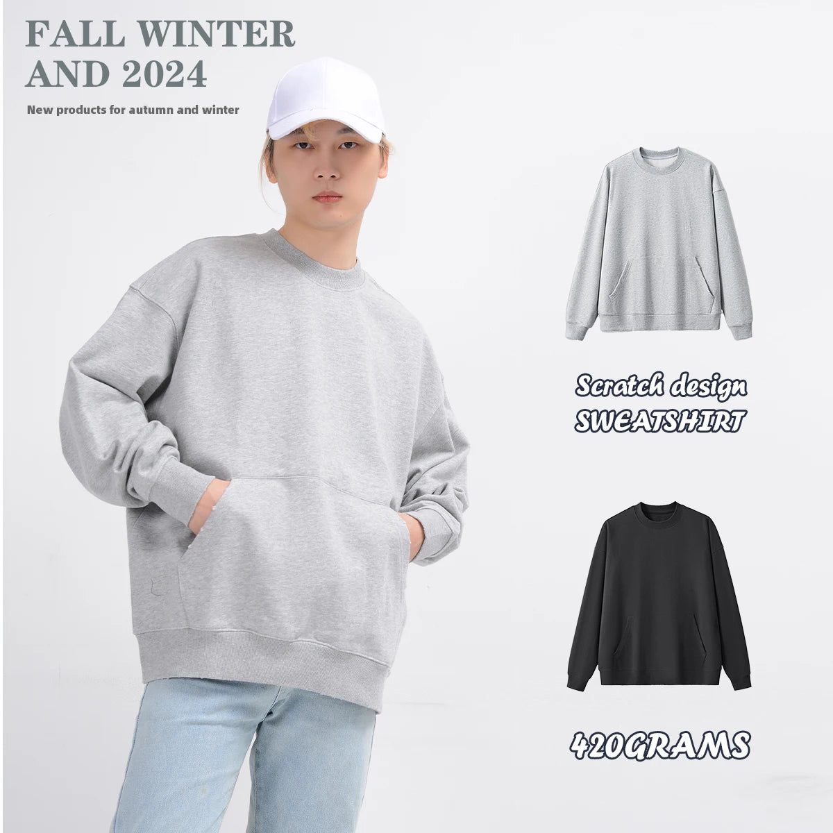 2024 New Arrive Custom Logo Men's Autumn Oversized Loose Lined Print Sports Sweatshirt Damaged Heavy Weight 420g Abrasion Neck
