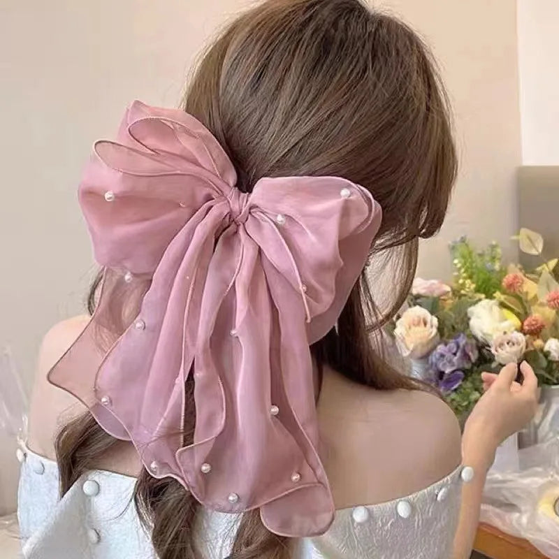 ShangHai 2024 New Big Bow Hair Clip Lace Ribbon with Pearl Elegant Women's Spring Clip Hair Accessories