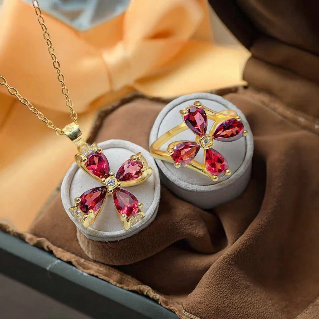 Hot Sale Indian 925 Sterling Silver Gold Plated Natural Garnet Women's Fine Jewelry Ring Set for Parties and Gifts Wholesale