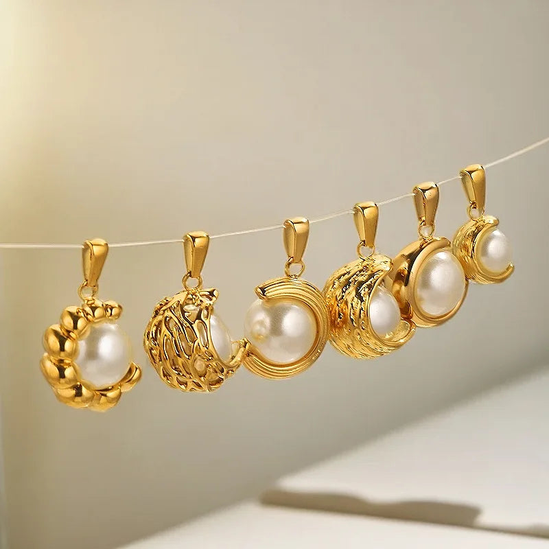 Gold Plated Stainless Steel Pendant Charm with Pearl DIY Jewelry for Gift Shell Pendant and Pearl Stainless Drop