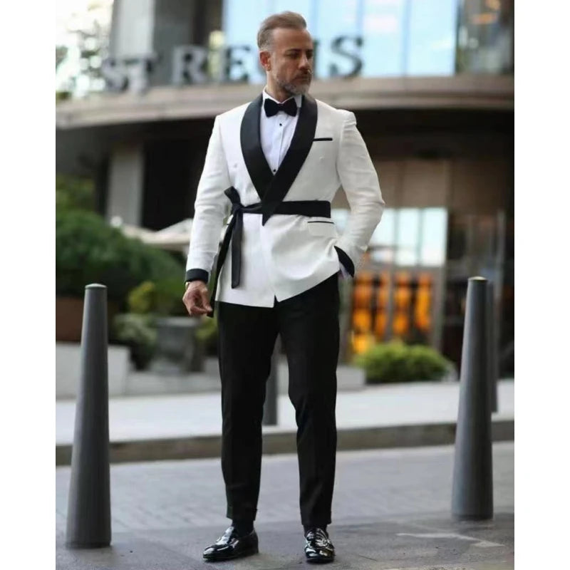 Tailor Made White Wedding Suits Men Formal Double Breasted Slim Fit Stage Performance Casual Blazer Jackets Black Pants