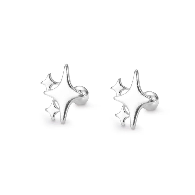Simple Korean Fashion S999 Pure 925 Sterling Silver North Star Shaped Stud Earring Gold Plated with Zircon Gifts for Women Girls