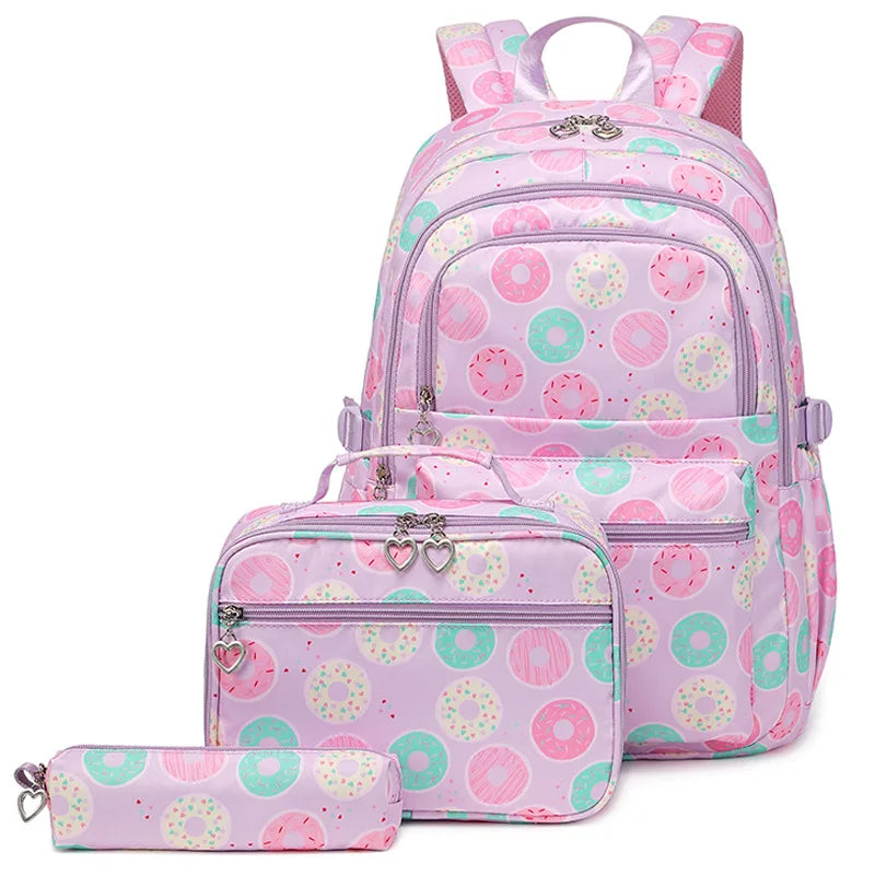 Large Capacity 3 in 1 School Bag Set with Lunch Bag and Pencil Case Student Satchel Donut Printed Backpack for Girls
