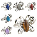 Vintage Silver Alloy Butterfly Ring Natural Gemstone Adjustable Ring Healing Crystal Friendship Gift for Friends
