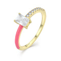 YILUN 925 Sterling Silver Minimalist Ring Gold Plated Pink Enamel Zirconia Emerald Cut Diamond Trendy Wedding Design for Women