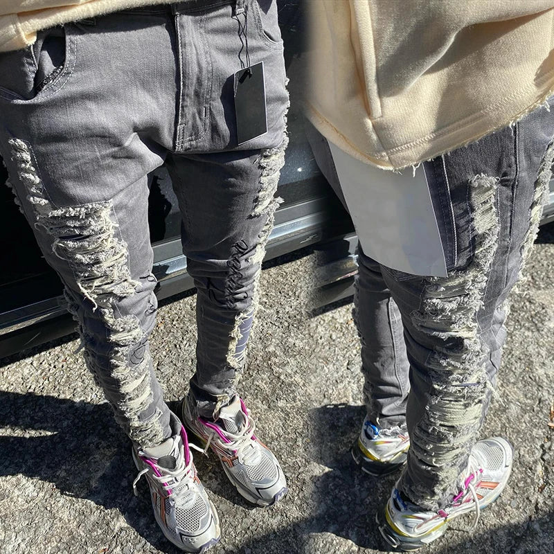 YSJY Manufacturer Streetwear Mens Jeans Vintage Ripped Slim Stacked Custom Jeans Pants