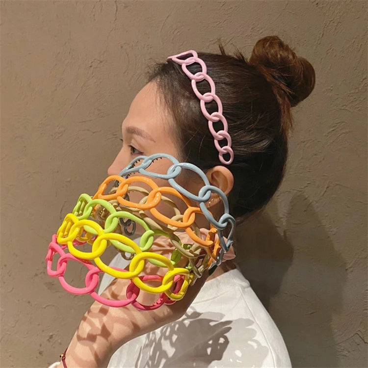 Wasai Spring Summer Fashion Hair Accessories Cartoon Plastic Circles Wide Bright Color Chain Headband 16CM for Women Girls
