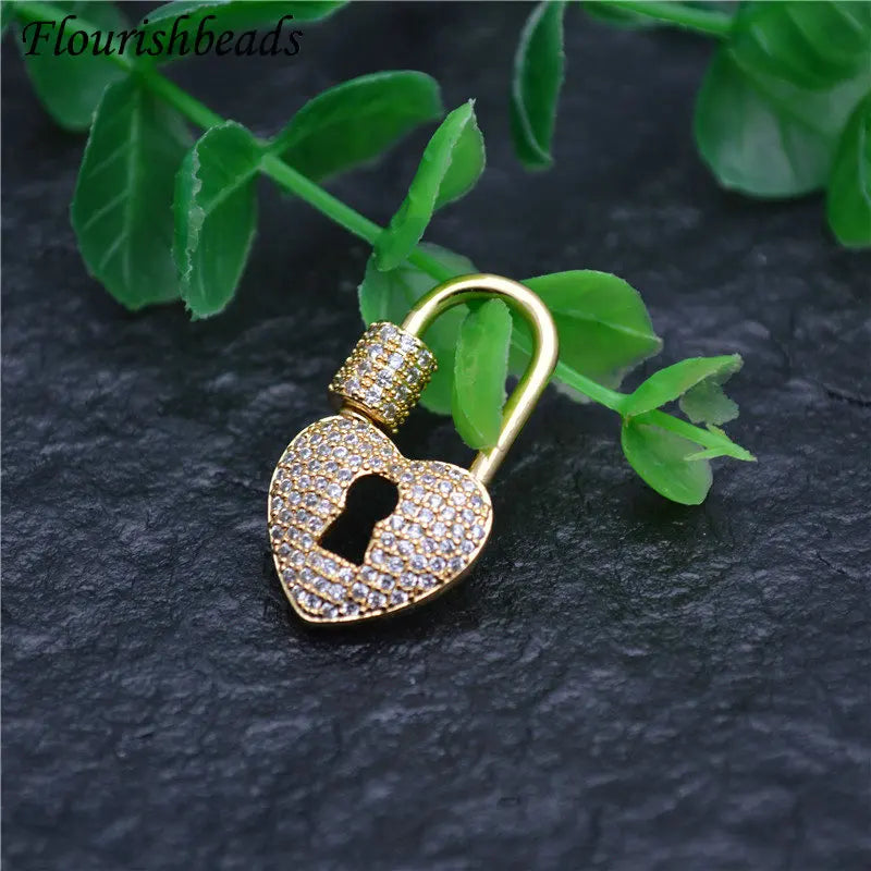 18K Gold Plated White CZ Paved Heart Shape Lock Charms Clasp Brass Connection Buckle for Bracelet Necklace Making Findings