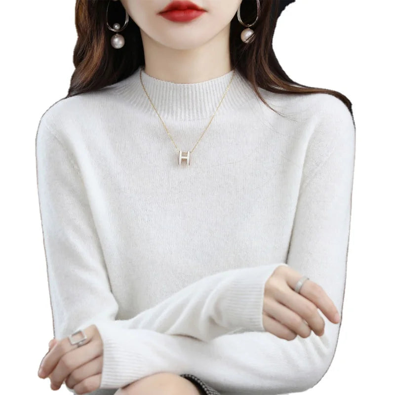 Factory Sell Autumn and Winter New Sweater Half High Collar Loose Long Sleeve Pullover Bottom Knitted Shirt Sweater for Women
