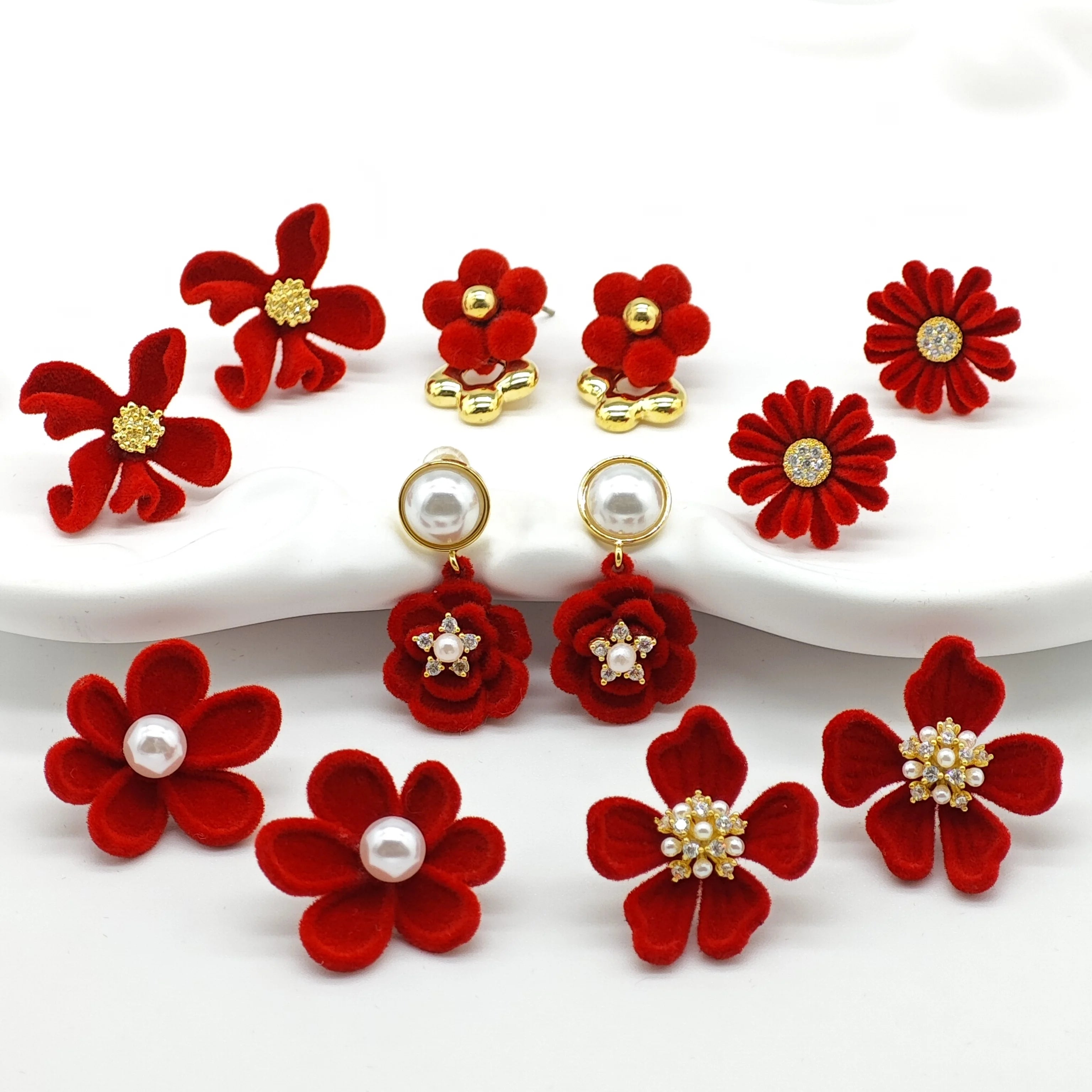 Ilona Delicate Pin Floral Earrings Plated with 18K Gold Women Irregular Red Flannel Flower Drop Earrings