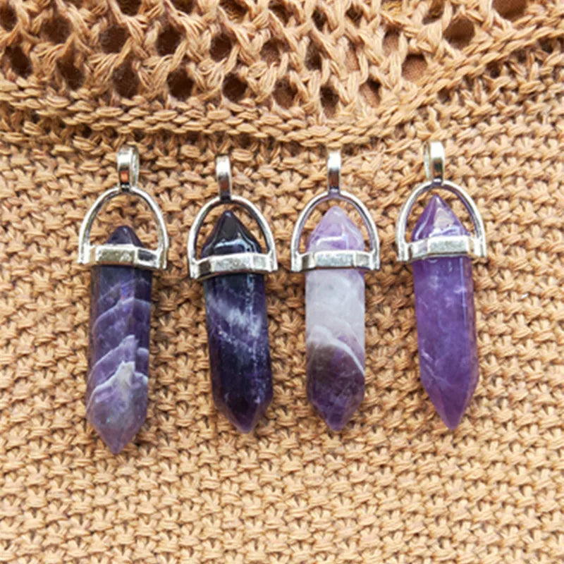 Natural Amethyst Hexagonal Column Necklace Natural Crystal Pendant Stone Pendant for Necklace Making Men's and Women's Jewelry