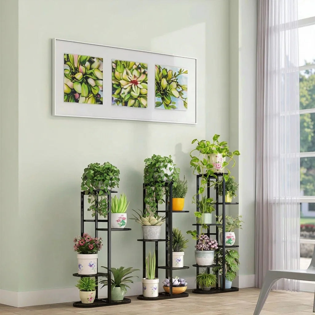 Metal Indoor Plant Flower Pot Stand Square Wrought Iron Storage Organizer with Balcony Shelves for Home Garden Floor Usage