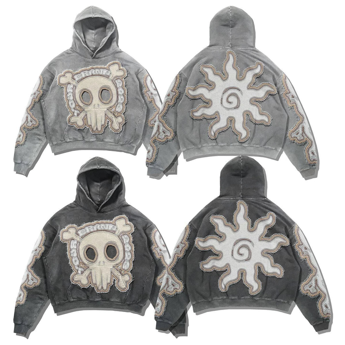 OEM Custom Design Logo Fashion Hip Hop Vintage Stone Washed Chenille Distressed Applique Embroidery Crop Hoodies