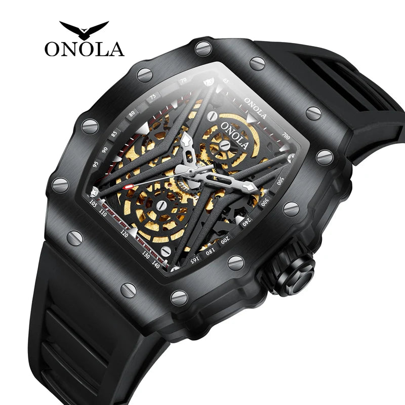 ONOLA ON3828 Original Design Automatic Mechanic Watches Men Top Luxury Fashion Casual Luminous Square Skeleton Clock Men Watch