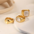 Trendy Natural Square White Shell Ring 18K PVD Gold Plated Stainless Steel Band Shell Finger Ring