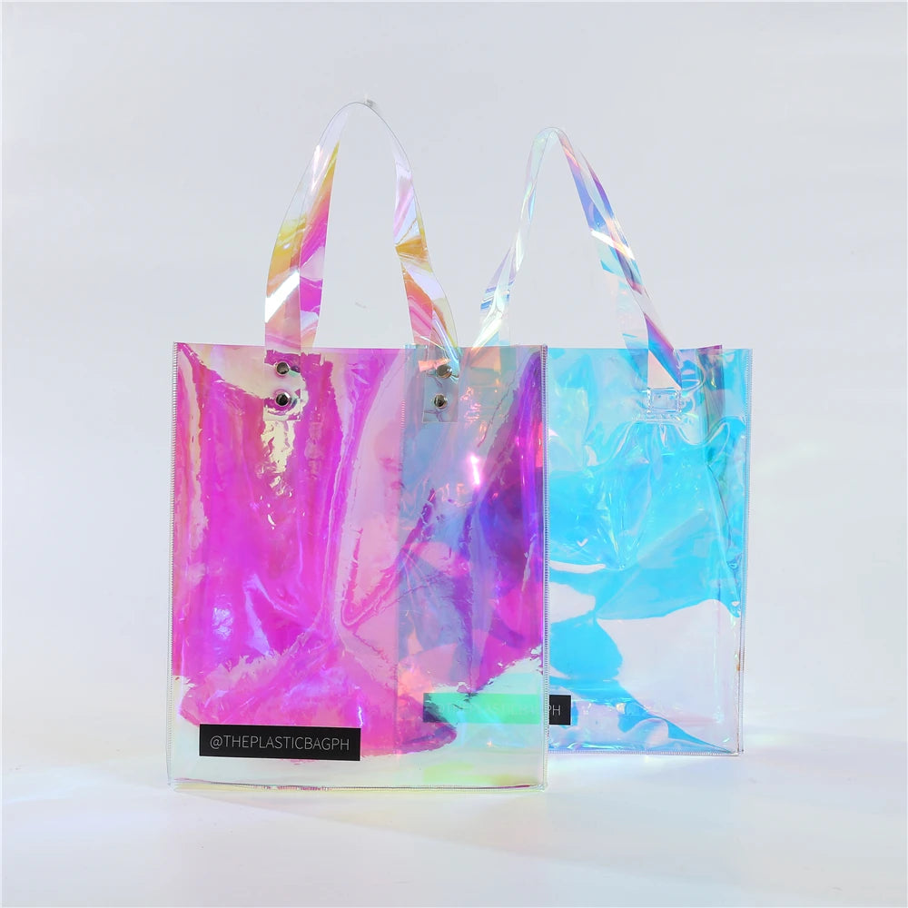 Customized 2025 New Trend Transparent Vinyl PVC Iridescent Cosmetic Gift Bag With Handle Clear Holographic TPU Tote Shopping Bag