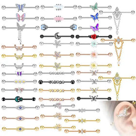 Wholesales butterfly Cz Industrial Earrings Long Barbell 38mm 14g Stainless Steel Industrial Piercing Jewelry Cartilage Conch Ba