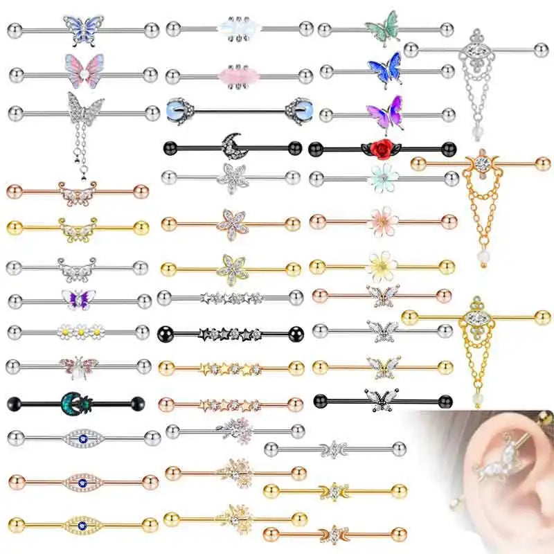 Wholesales butterfly Cz Industrial Earrings Long Barbell 38mm 14g Stainless Steel Industrial Piercing Jewelry Cartilage Conch Ba