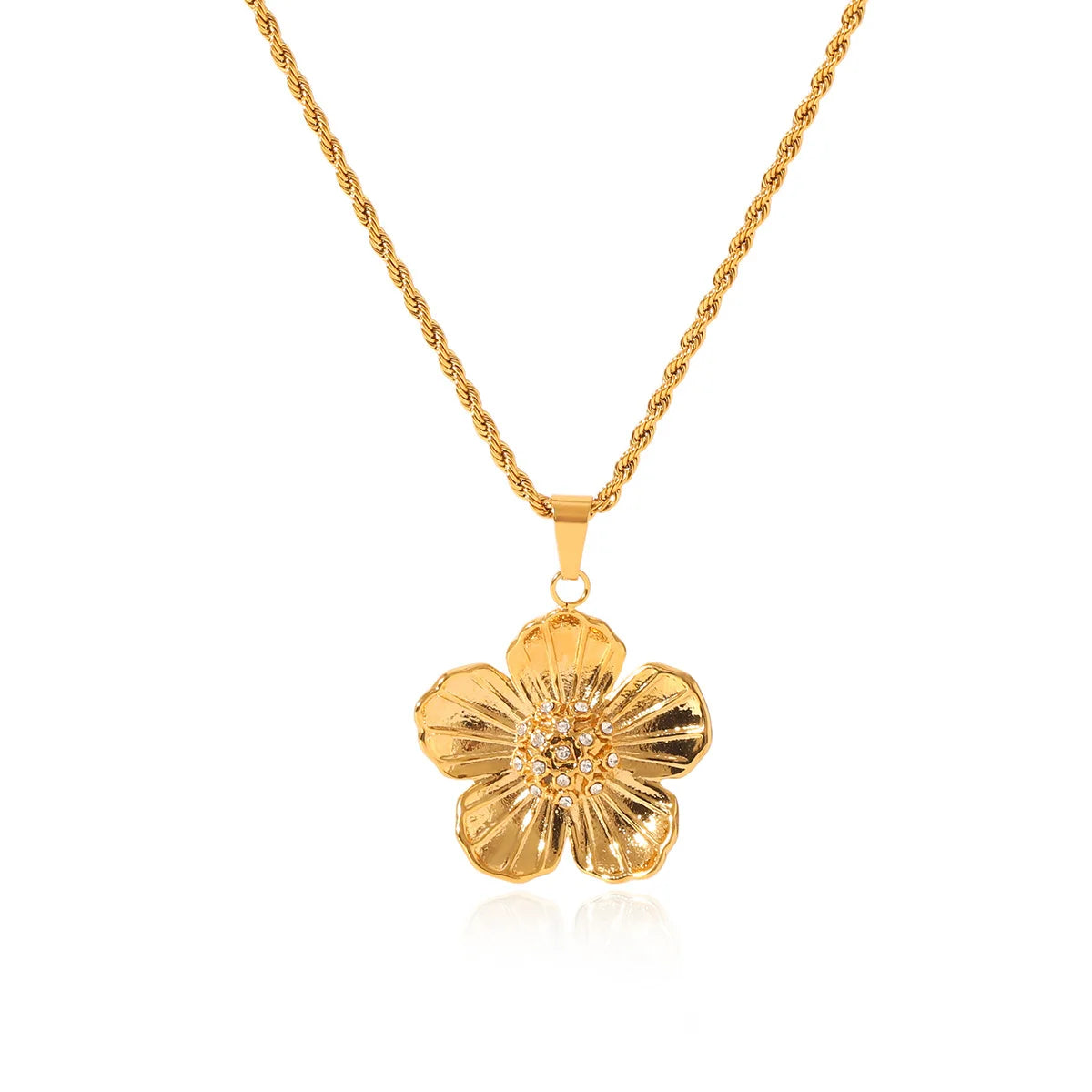 French Retro Stainless Steel Flower Diamond Pendant Necklace Female Temperament 18K Gold Plated Twist Chain Necklace