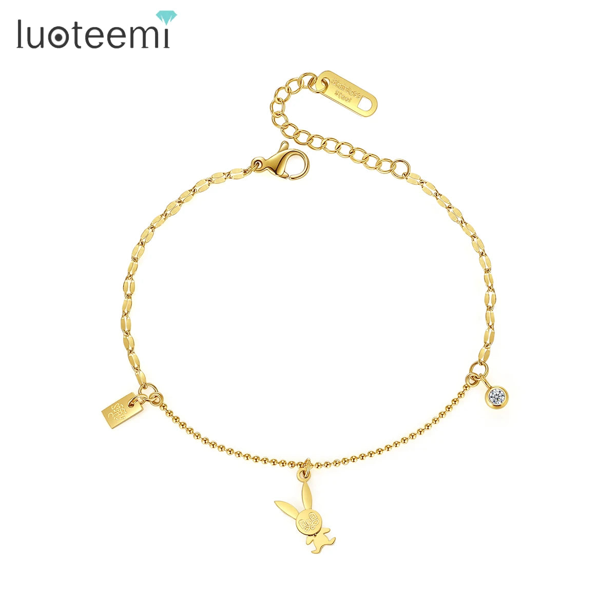SP-LAM Rabbit Stainless Steel Chain Charm Metal Korean Cubic Zirconia Women Cute Bracelet