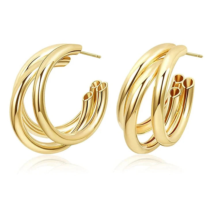 Hypoallergenic Hollow Triple C-shaped Multilayer Huggie Split Earrings Statement Lightweight Chunky Stainless Steel Hoop Earring