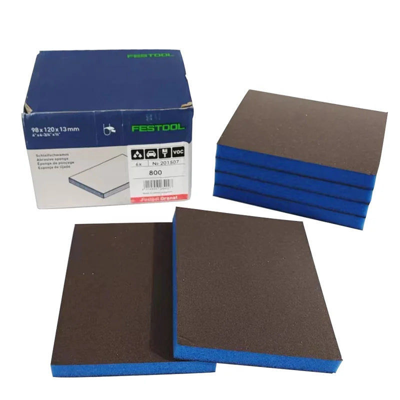 6PCS German Festool Double-Sided Sponge Sandpaper 98*120mm 220 800 Car Sheet Metal Spray Paint Polishing Plastic Parts Abrasive