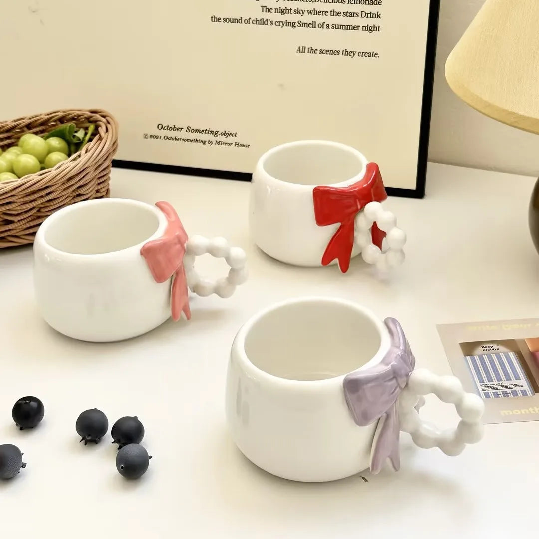Cute Ceramic Pink Bow 220ml Coffee Mug Porcelain Red Kids Tumbler Milk Cups With Lid and Spoon
