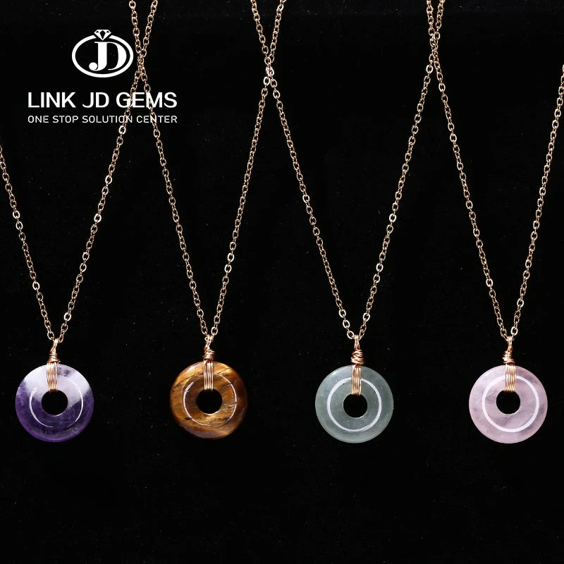 JD Lucky Healing Stone Pendant Stainless Steel Chain Choker Natural Stone Pink Quartz Turquoises Peace Buckle Pendant Necklace