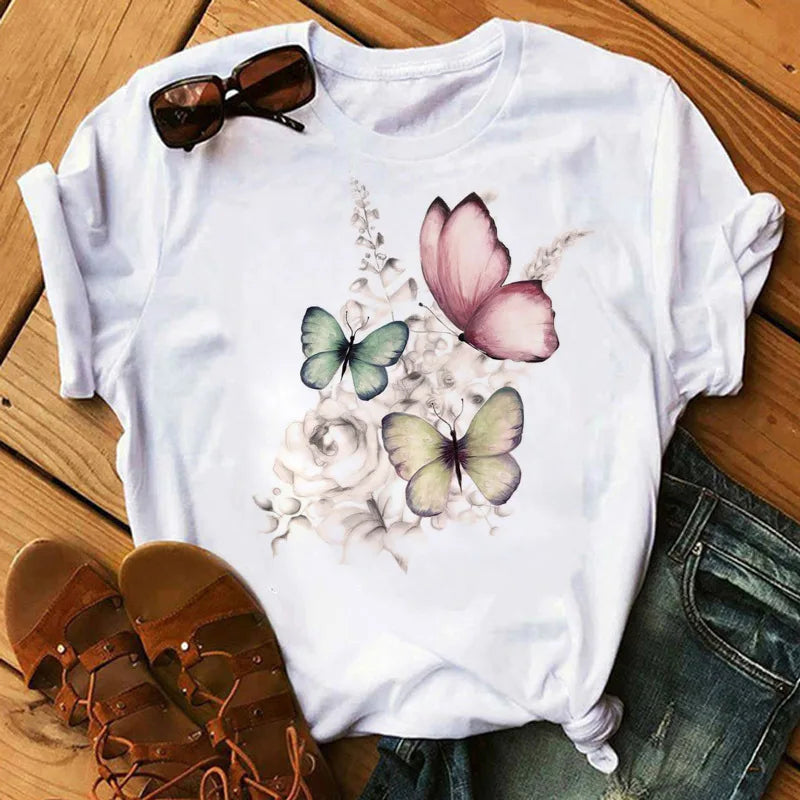 Butterfly Printing Women's White T-Shirts Medium-Length Loose Print Short Sleeves Fashion Plus Size Girl's Cheap Tops Tee Shirts