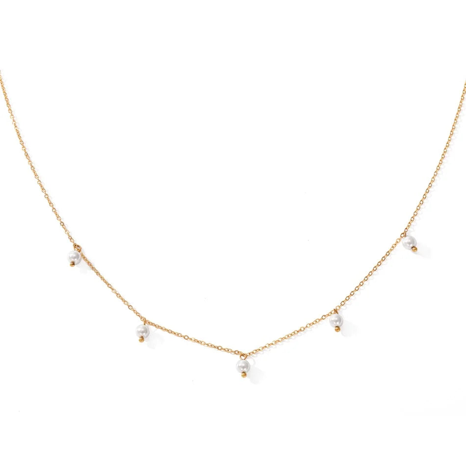 INS Simple Stainless Steel 14K Gold Plated Imitation Pearl Pendant Necklace 4MM Titanium Steel Pearl Tassel Choker Link Chain