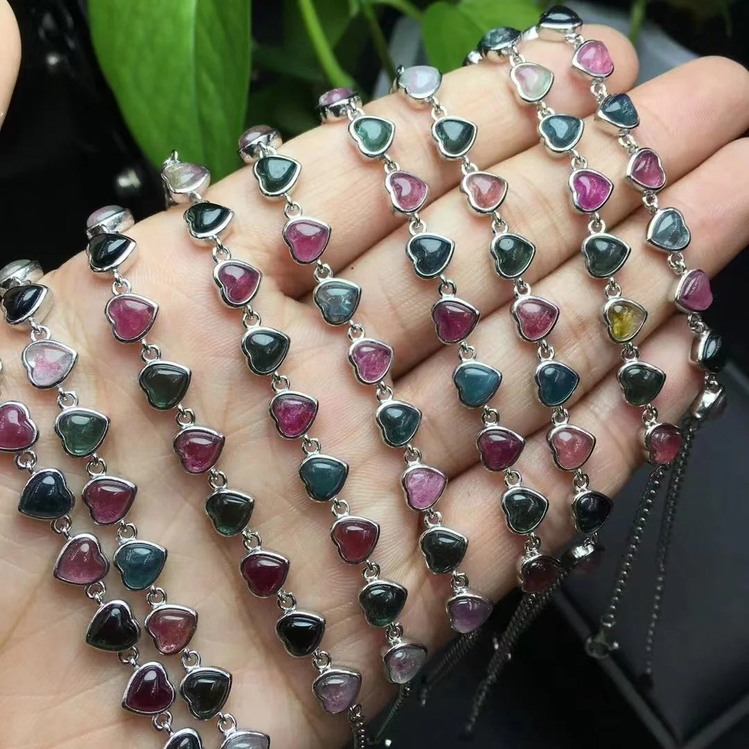 925 Sterling Silver Inlaid High Quality Tourmaline Heart Shaped Charm Bracelets Fashion Healing Crystal Gemstone Fine Jewelry